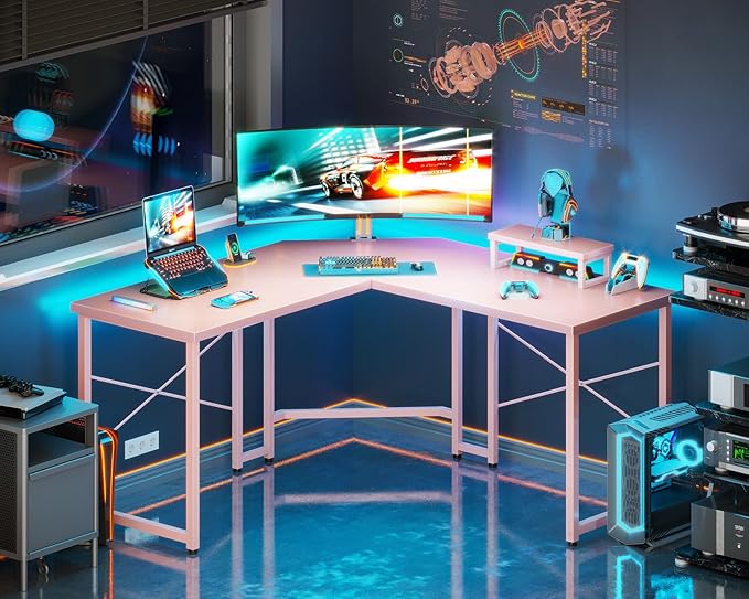 AODK L Shaped Gaming Desk Computer Corner Desk PC Gaming Desk Table with Large Monitor Riser Stand for Home Office Sturdy Writing Workstation51 * 19 inchPink