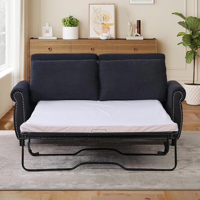 Full Size Pull Out Sofa Bed 3 in 1 Linen Convertible Loveseat Sleeper Sofa Bed with Memory Form Mattress Pull Out Couch with Nailhead Trim &amp Roll Arms for Living Room Bedroom Small Space(Grey)