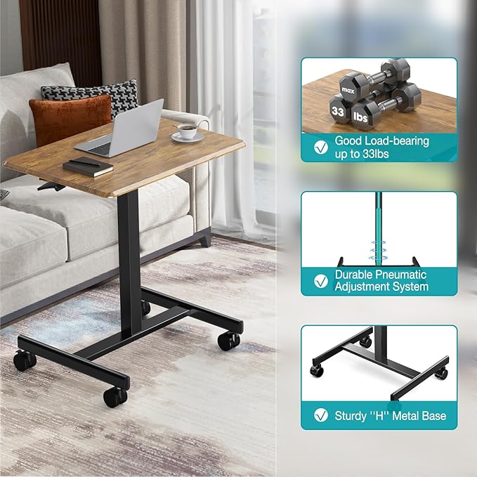 DUMOS Small Standing Desk Mobile Portable Rolling Laptop PC Table on Wheels Adjustable Height Computer Workstation for Home Office 19 Inch Brown