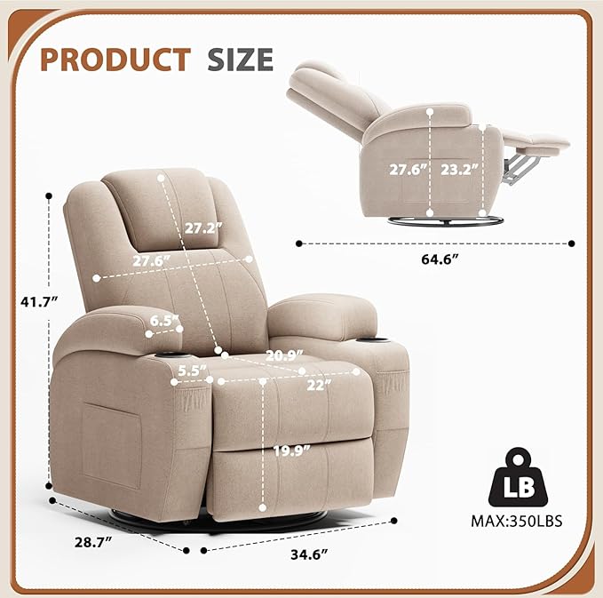 Flamaker Swivel Rocker Recliner Chair with Vibration Massage 360° Swivel Recliner Chairs for Adults Ergonomic Lounge Chair with Cup Holders Lazy Boy Recliner Single Sofa Seat (Fabric Khaki)