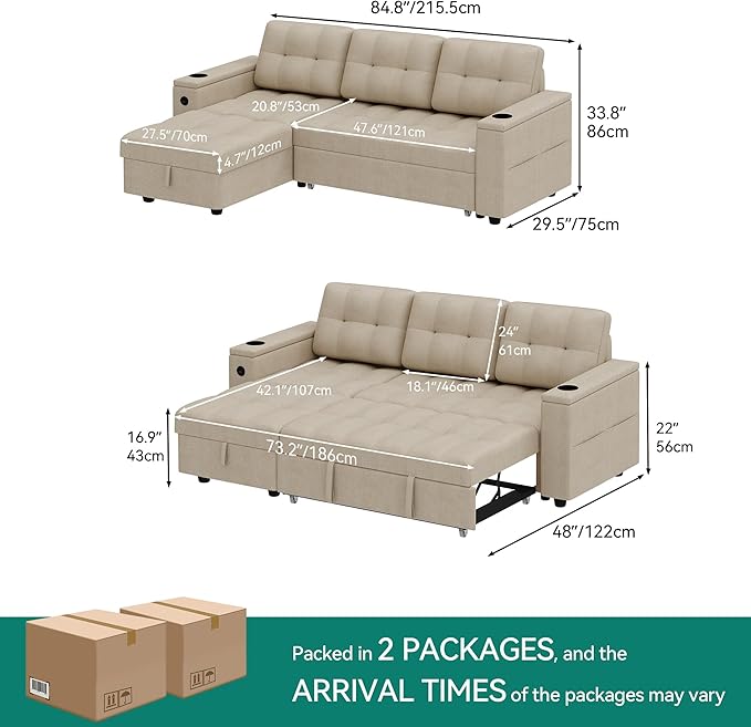 YITAHOME Sleeper Sofa L-Shaped Sofa Couch Bed with Storage Chaise &amp USB Reversible Sleeper with Pull Out Bed 4-Seat Fabric Convertible Sofa 2-in-1 Pull Out for Living Room Beige