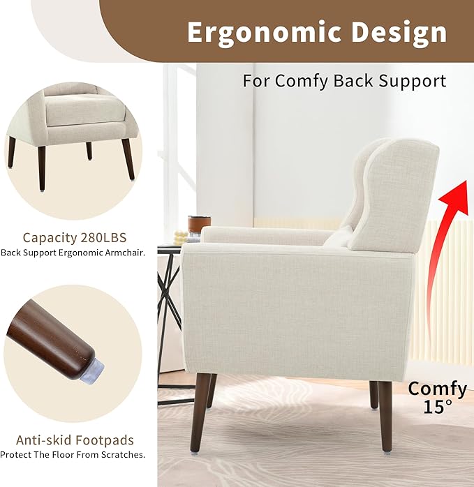 Modern Accent Chair Upholstered Arm Chair with Waist Pillow Single Sofa Chair for Living Room Bedroom Small Spaces (Beige)