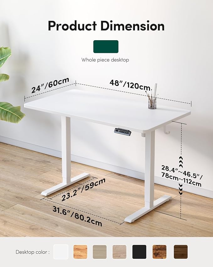 CubiCubi 48 x 24 Large One-Piece Standing Desk Adjustable Height Electric Computer Home Office Sit Stand up Workstation with 4 Memory Presets Headphone Hook White