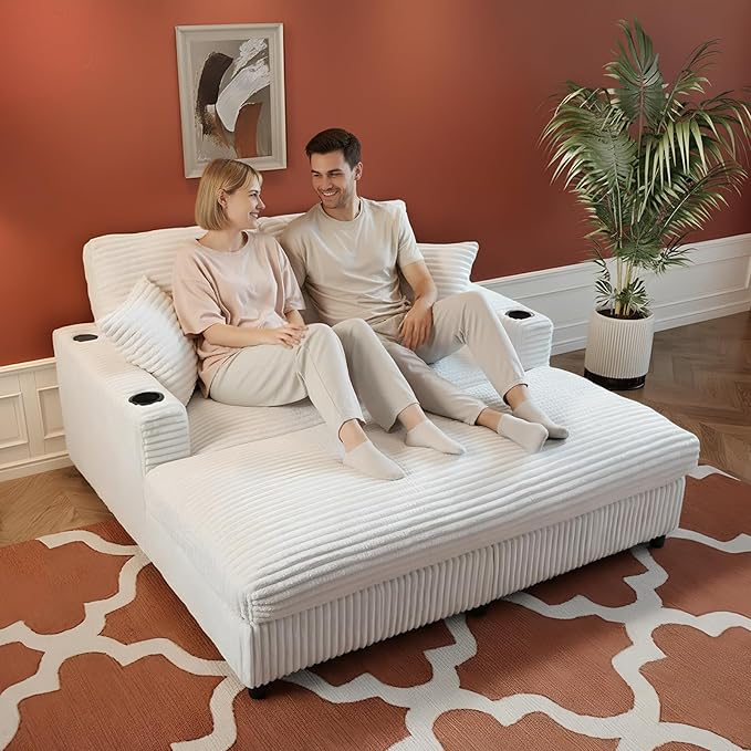 65 Oversized Chaise Lounge Chair Indoor Upholstered Sofa Bed with Pillows &amp 2 Cup Holders Sleeper Couch Comfy Corduroy Recliner Chair for Living Room Movie Room Bedroom White