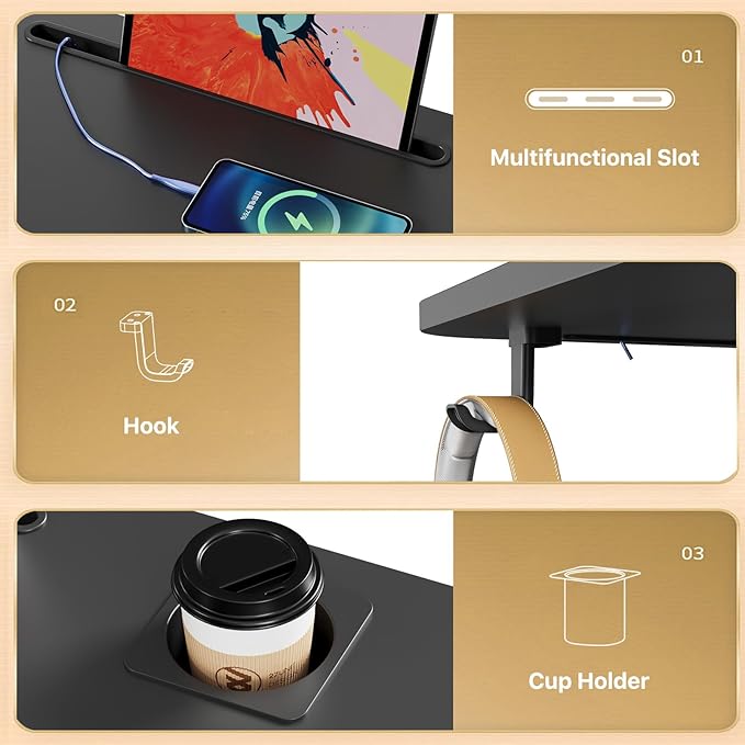 Mobile Standing Desk Rolling Laptop Cart Adjustable Height with Cup Holder 28 inch Portable Table with 4 Lockable Wheels Black Computer Workstation with Hook and Slots for Home Office