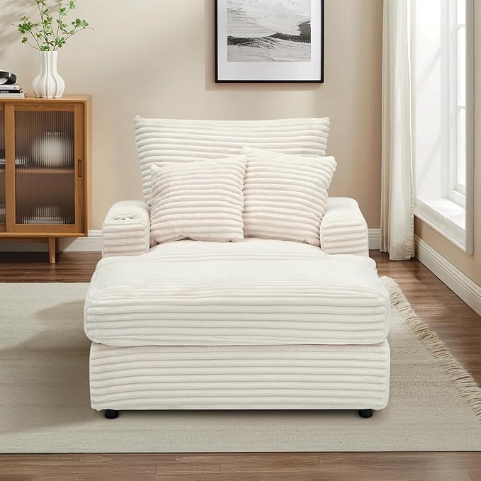 Chaise Lounge Chair Indoor 39 W Plush Corduroy Oversized Chair with Ottoman Upholstered Cozy Chaise with Cup Holder Modern Deep Seat Comfy Sofa Armchair for Living Room Bedroom(White)