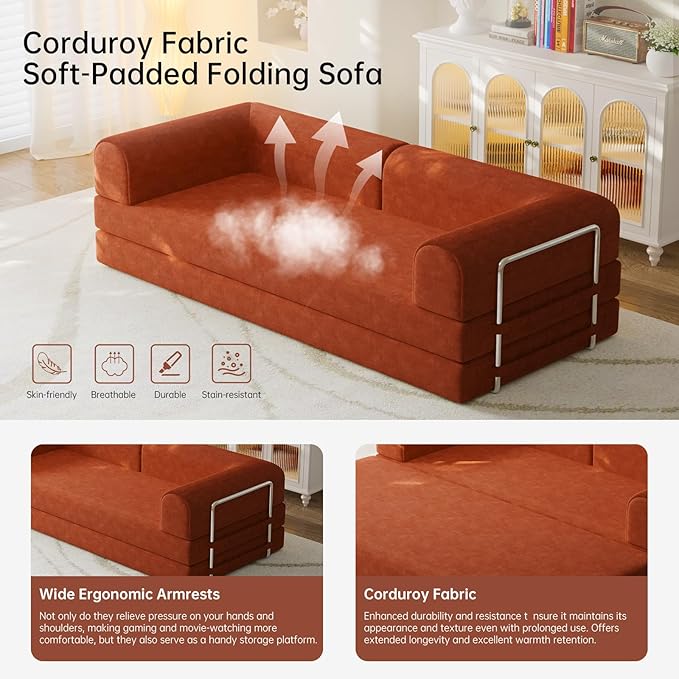 79” Convertible Sofa Bed 35D High-Density Foam&ampCorduroy Fabric Sleeper Couch Bed Fixed-Shape Frame &amp Removable ArmrestsModular Folding Small Loveseat Futo Sectional Funto Couch for Small S