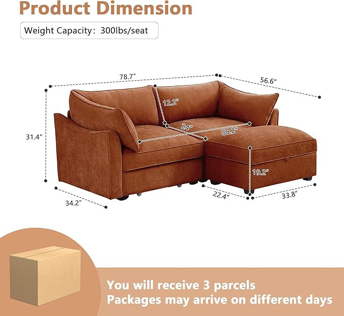 Modular Sectional Sofa with Pull Out Storage Drawers 78.7 L-Shaped Comfy Chenille 2-Seat Sofa with Storage Ottoman Upholstered Deep Loveseat Couch with 2 Pillows for Living Room Orange