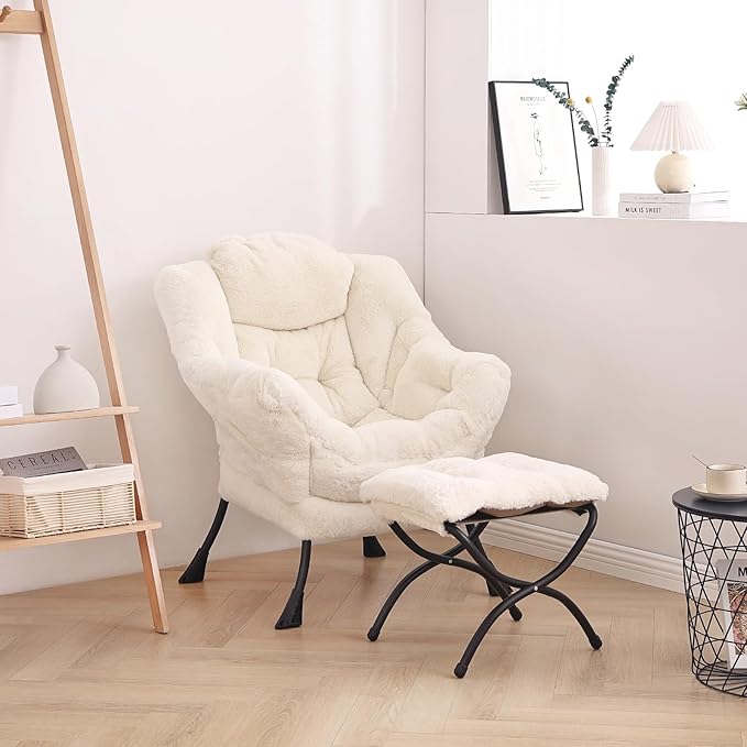 LITA Lazy Chair with Ottoman Modern Accent Leisure Upholstered Sofa Chair Lounge Reading Chair with Armrests and a Side Pocket for Living Room Bedroom &amp Small Space Plush Beige