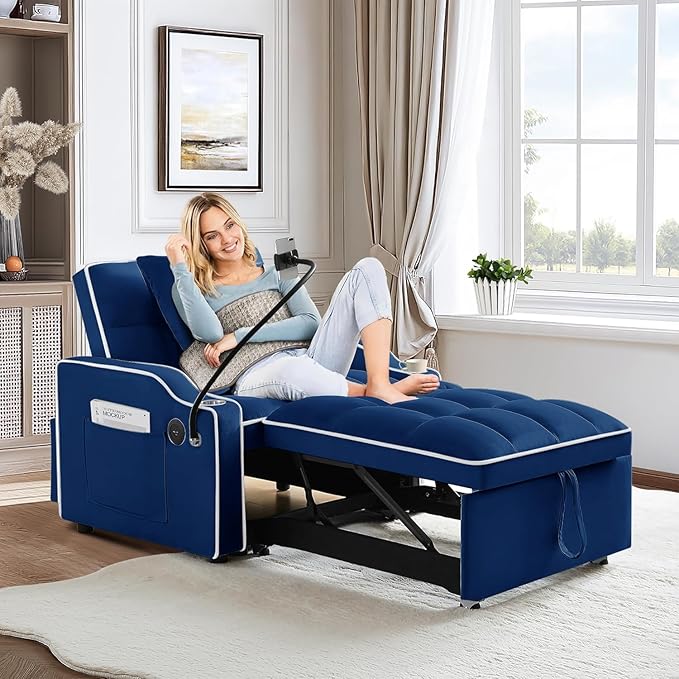 3-in-1 Convertible Sleeper Sofa Bed Chair with Cup Holders &amp Phone Holder Futon Chair Bed with Pull Out Couch Adjustable Backrest Modern Velvet Chaise Lounge Living Room Bedroom (Navy Blue 35.4