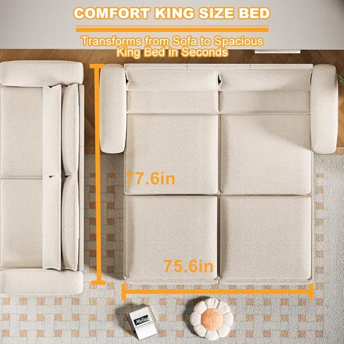 93 Sleeper Sofa Bed King Size Teddy Pull Out Couch 3 in 1 Convertible Futon Couches Modern Deep Seat Daybed with 2 Pillows Loveseat for Living Room Apartment Office Cream Beige