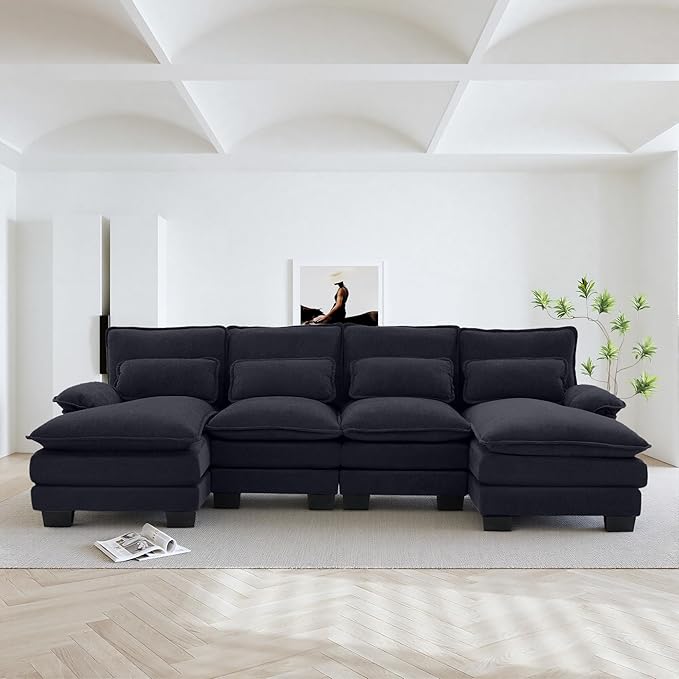 U Shape Sectional Sofa Cloud Couch Modern Chenille Comfy Modular Sofa 4 Seat Upholstery Sleeper Sofa with Double Chaise for Living Room Bedroom Black