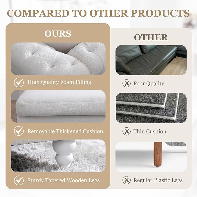 63 Loveseat Chaise Lounge Couch with 2 Pillows Upholstered Teddy Velvet Loveseat Chaise Sofa with Tufted Back Roll Arms 2-Seater Couch for Living Room Apartments Office(White)