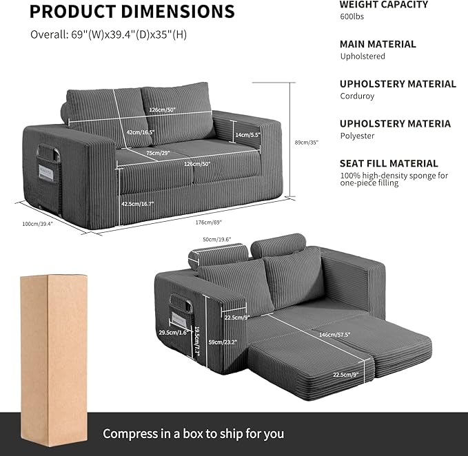 J.C.UP 69'' Convertible Sofa Bed Pull Out Loveseat Sleeper Sofa 2 Seater Boneless Folding Sofa Bed Floor Couch with Deep Seat Chaise Lounge for Living Room Bedroom No Assembly Required Gray