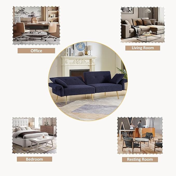 69.5'' Futon Loveseat Sofa Bed Comfy Teddy Upholstered Folding Couch with Adjustable Backrest and ArmrestsSleeper Couches with Side Pocket and Gold Metal Legs for Living Room (Dark Blue)