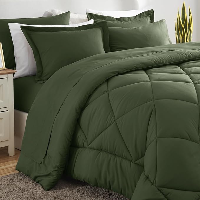 CozyLux Queen Comforter Set Olive Green - Bed in a Bag Queen Size 7 Pieces Luxury Soft Bed Set for All Seasons Bedding Set with Down Alternative Comforter Sheets Pillowcases &amp Shams