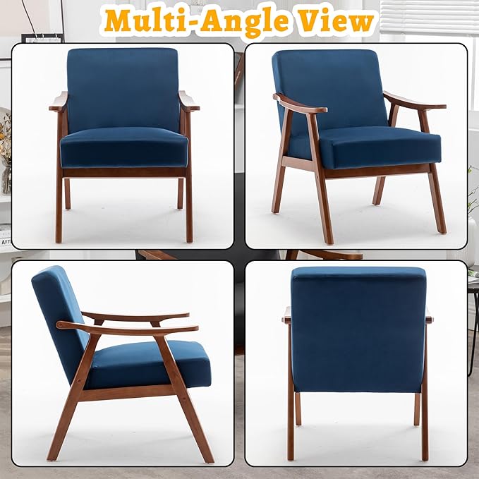 Mid Century Modern Accent Chair Upholstered Armchair Comfy with Wood Legs Siting Chair with Soft Cushion PU Leather Side Chairs for Living Room Bedroom Office (Velvet Dark Blue)