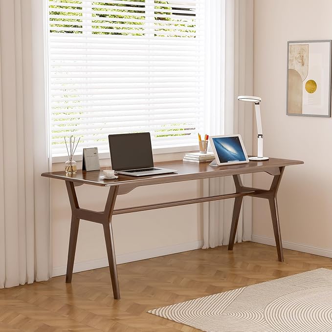 Solid Wood Study Desk - 63 Double Long Computer Table for Home Office 2-Person PC Workstation Walnut