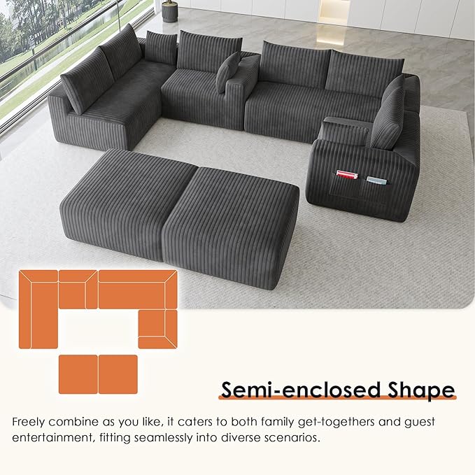 146 Oversized Boneless Couch Modular Sectional Couches for Living Room U-Shaped Deep Seat Chaise with Side Pockets No Assembly Required Plush Corduroy Fabric Sleeper Sofa Dark Gray