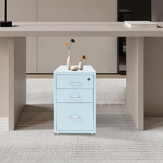 3 Drawer Vertical File Cabinet Rolling Filing Cabinets with Lock Mobile Steel Office Storage Cabinet Under Desk with Wheels for Home Office Letter Files Organization Blue