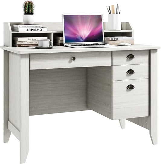 48 Vintage Computer Desk with 4 Storage Drawers &amp Top Hutch Home Office Workstation with Drawer &amp Monitor Stand Wooden Study Work Writing Table (White)