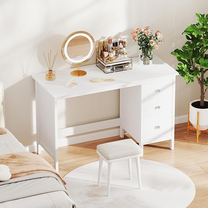Giantex White Desk with Drawers 48 Inch Home Office Desk with Anti-Toppling Device Multifunctional Computer Workstation Wood Study Writing Desk for Small Spaces Bedroom