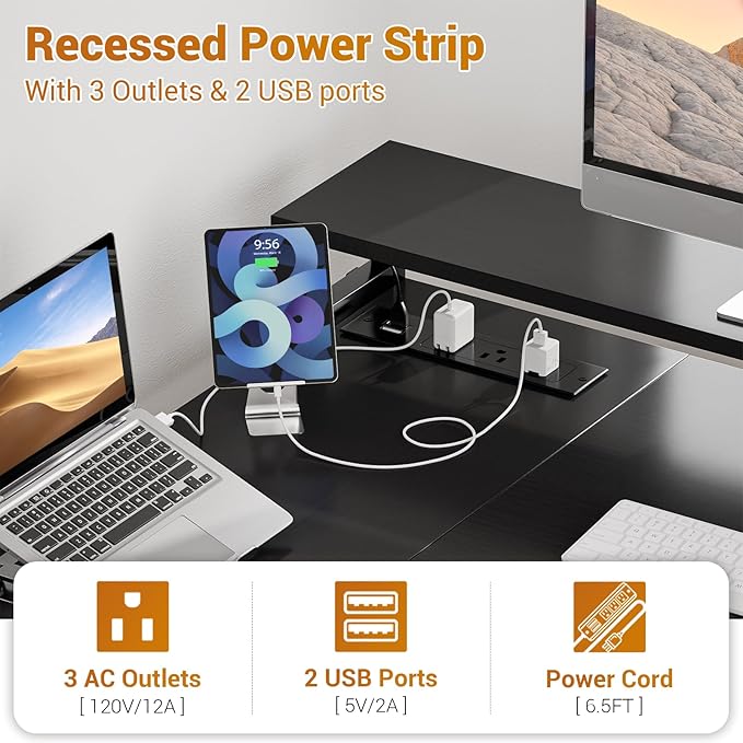 Aheaplus L Shaped Desk with File Drawer Reversible L Shaped Computer Desk Gaming Desk with Power Outlet &amp LED Strip Home Office Desk with Monitor Shelf Corner Desk with Storage Shelves Black