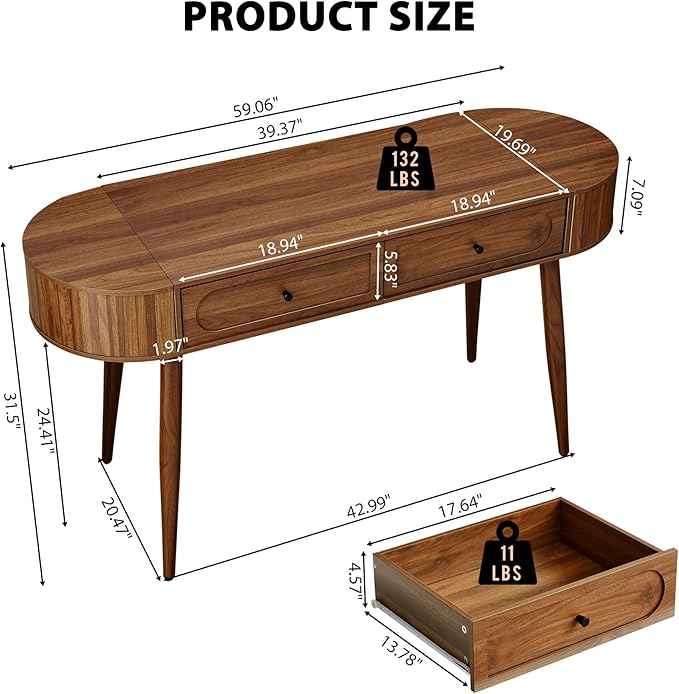 Mid-Century 59 Wood Writing Desk Home Office Computer Laptop Desk with 2 Flip Storage Space + 2 Drawer 150 CM Elegant Fluted Vanity Table Multifunctional Study Desk for Office Bedroom (Wlanut)