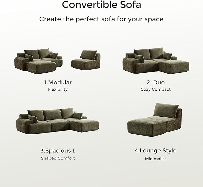 WELAX 114 Sectional Couches for Living Room Boneless Couch L-Shape with Pillows &amp Ottoman Modular Chenille Cloud Sofa 4 Seater Home Comfy Sofas for Apartment Green