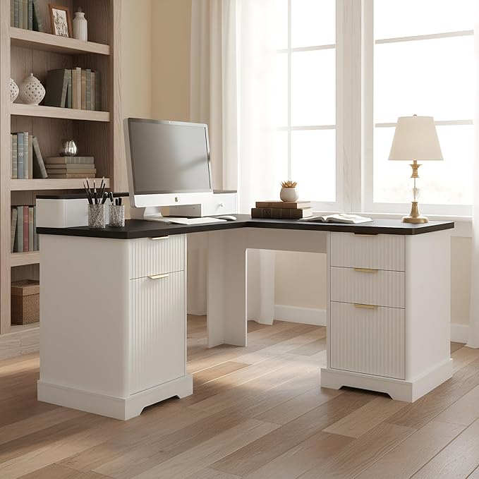 59 L-Shaped Desk with Storage File Drawers Executive Computer Gaming Home Office Desks with Charging Station Corner Work Writing Desk with Monitor Stand Removable Support Shelf (White)