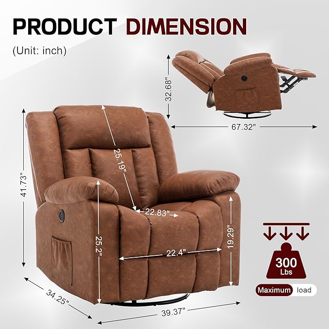 Rocker Recliner Glider Recliner Chairs for Adults 360° Swivel Rocking Chair with Massage and Heating Nursery Chair with Storage and USB Charging for Living Room Bedroom Nursery