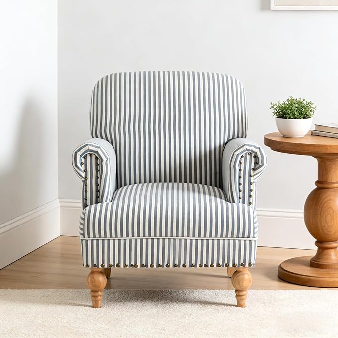 Blue Striped Linen Fabric Accent Chair Coastal Upholstered Armchair with Nailhead Trim &amp Ball Turned Wood Legs Modern Farmhouse Club Chair for Living Room Bedroom Guest Room