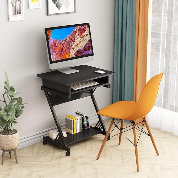Computer Desk for Small Spaces Mobile Computer Desk with Keyboard Tray Z-Shaped Writing Table with Rolling Wheels &amp Storage Shelf (Black)