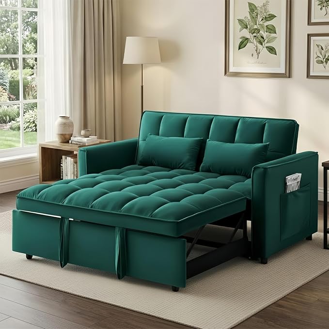 3-in-1 Convertible Sofa Bed 55'' Pull Out Couch Bed with Adjustable Backrest Velvet Fabric Sleeper Loveseat Sofa with Side Pocket Perfect for Living Room Easy Assembly(Green)