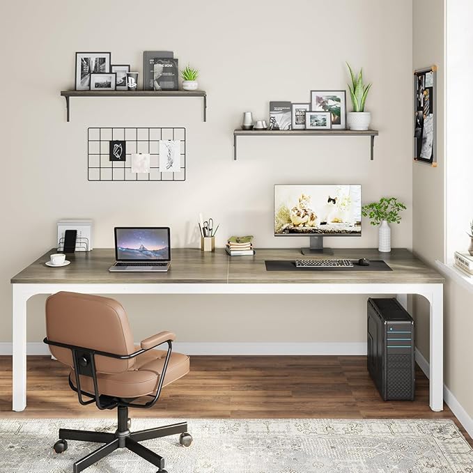 78 Two Person Computer Desk with Drawers Long Double Home Office Desk with with Storage Shelves Large Gaming Study Writing Table Workstation for Office (White+Oak)