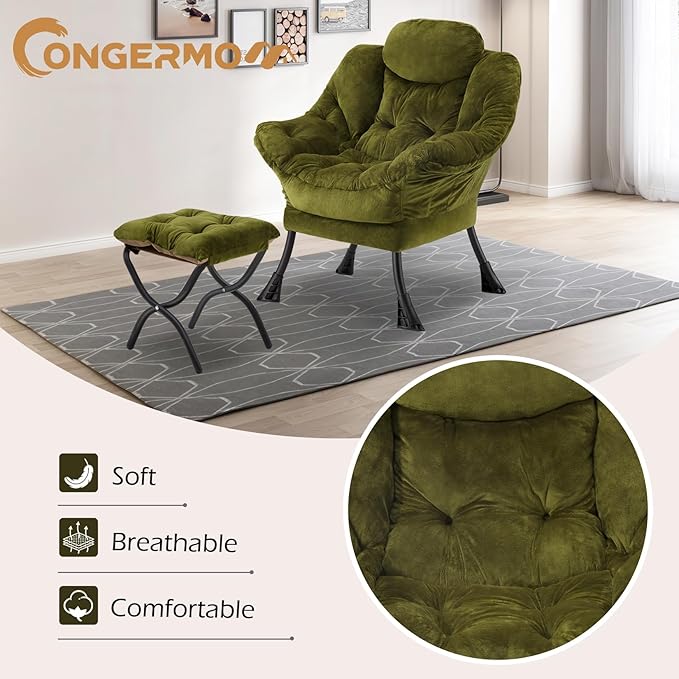 Lazy Chair with Folding OttomanLeisure Sofa ChairSoft Fabric Armchair with Armrests and Side Pockets Reading Chair with Footrest for Living Room Bedroom Office (Plush Green)