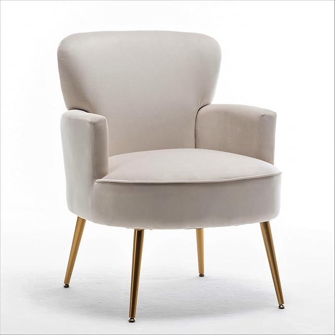 Trendy Velvet Accent Chair with Gold Metal Legs Upholstered Armchair for Small to Mid-Size Spaces Modern Living Room Bedroom Vanity Desk and Entryway Ivory