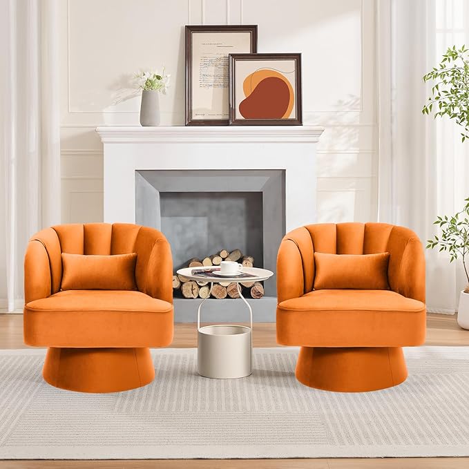 Mid Century Modern Swivel Barrel Chair - 360° Swivel Accent Chair with Plush Velvet Upholstery &amp Wide Cushioned Seat Round Lounge Sofa Chair for Living Room Bedroom Office (Orange 1 PCS)