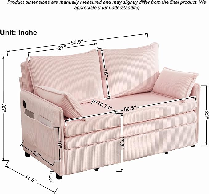 GDFStudio 55 Convertible Sofa Bed 3-in-1 Sofa Bed Couch with Pull Out Design Corduroy Sleeper Sofas with USB Ports &amp Side Pocket Modern Loveseat Sleeper for Living Room Bedroom Small Space Pi