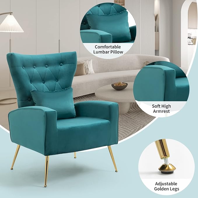 Button-Tufted Living Room Chairs Set of 2 WingBack Velvet Accent Chair Armchair with Lumbar Pillow Bedroom Chairs Vanity Chair Arm Chair with Golden Legs Teal