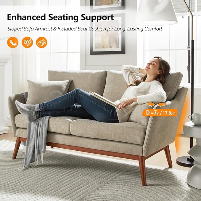 VINGLI 63.5 W Comfy Small Upholstery Love Seat Couch with Soild Rubber Wood Frame 2 Seater Mid Century Linen Fabric Loveseat Sofa Mini Couch with Two Pillows for Small Spaces Bedroom Khaki