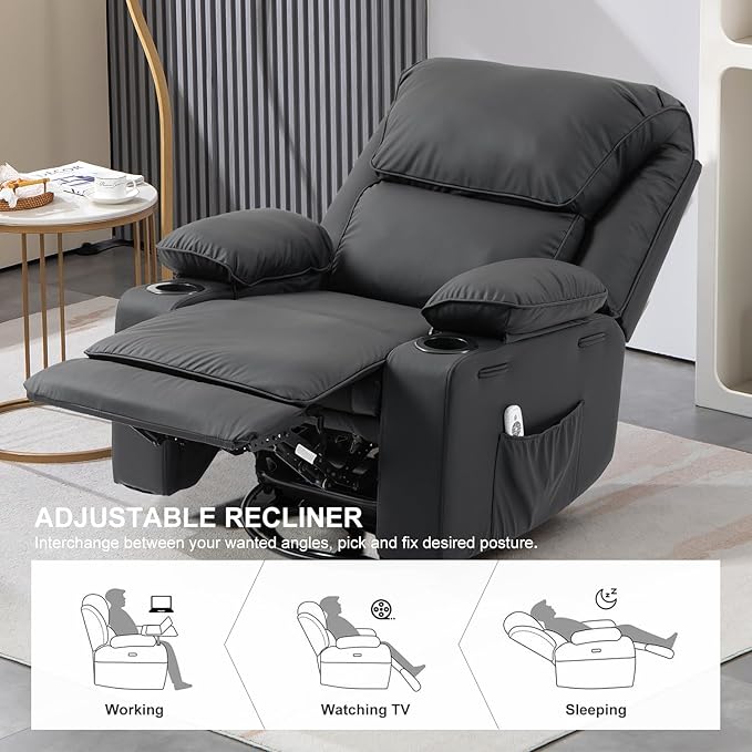 Leather Recliner Chair Rocker Massage Recliner Chair with Massage and Heat Swivel Manual Recliners Chairs with Cup Holders for Living Room(Leather Black)