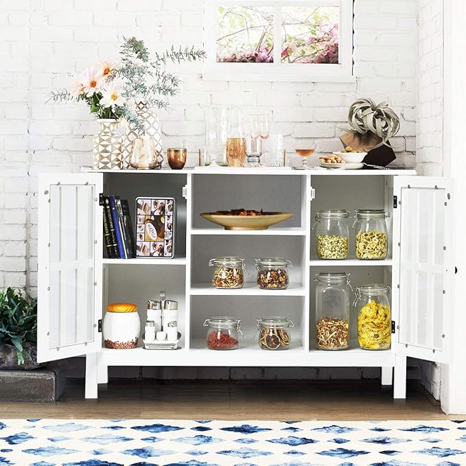 Tangkula White TV Stand Modern Tall Entertainment Center for TVs up to 50 Media Console w/2 Storage Cabinets &amp 3 Open Shelves Wire Hole Wood TV Console Table for Living Room White