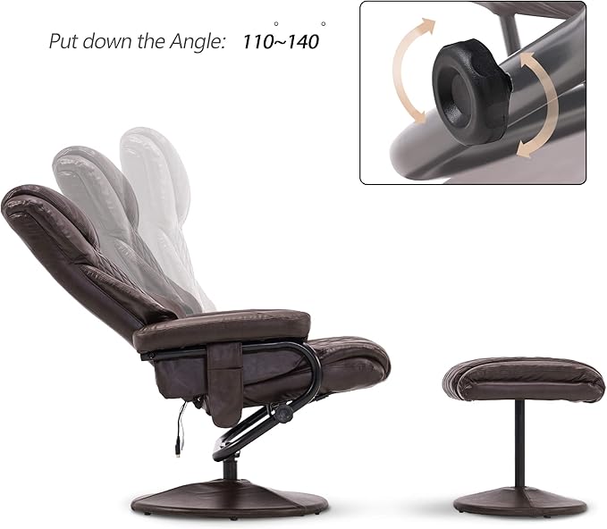 MCombo Recliner with Ottoman Reclining Chair with Massage 360 Swivel Living Room Chair Faux Leather 4901 (Dark Brown)