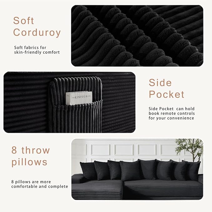110 L-Shaped Modular Sectional Sofa with Chaise Lounge Corduroy Oversized Convertible Floor Sleeper Sofa Bed with 8 Pillows Modern Deep Seat Boneless Couches (Black 110 + Right Chaise)