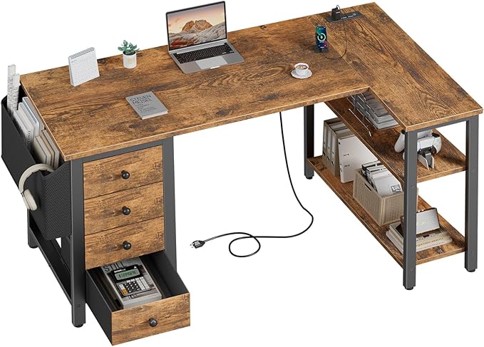 DLisiting L Shaped Computer Desk with Drawers - 47 Inch Corner Office Reversible Desk with Storage Shelves Power Outlet Home Office Desks L-Shaped with Fabric Drawer for Teen Girls Rustic Brown