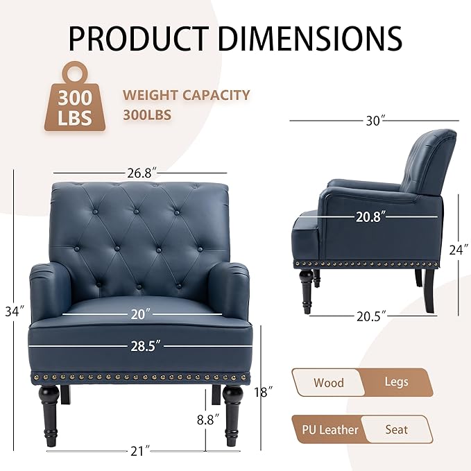 MOJAY PU Leather Accent Chair Mid-Century Armchair Living Room Sofa Chair with Rubber Wood Leg Club Chair with Rivet Trim for Bedroom Reading Room Reception (DarkBlue)
