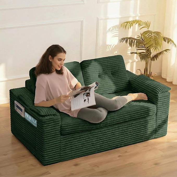 60in Loveseat Sofa Boneless Cloud Couch Sofa for Living Room 2 Seater Modern Lounge Sleeper Couch with Removable Cover Corduroy with Armrest Seat Cushion &amp Pillows for Small Spaces Green