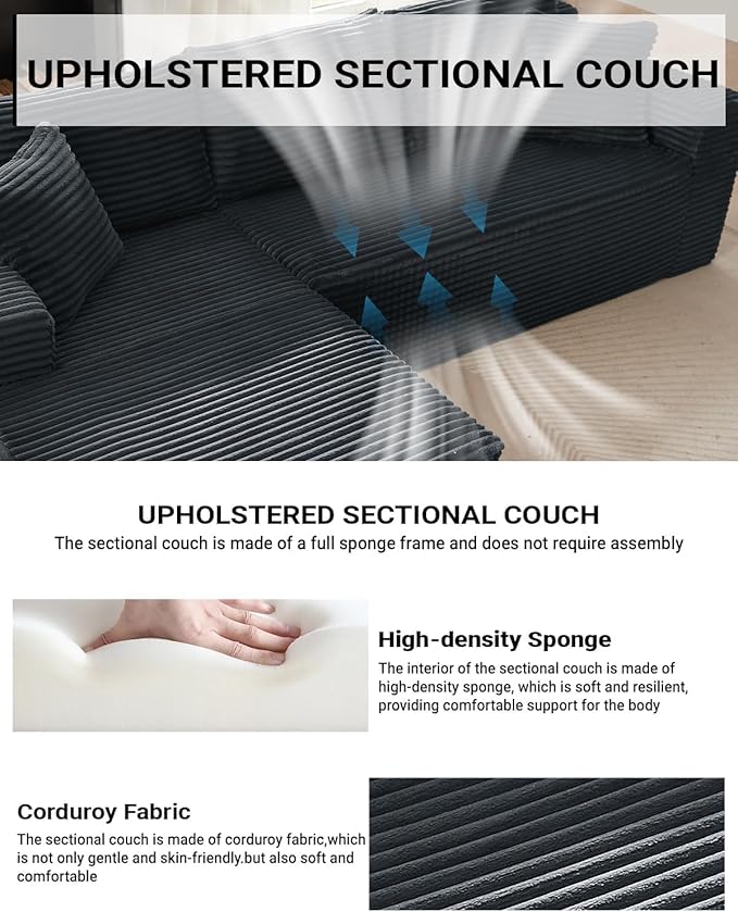 Cloud Couch Sectional L Shaped Boneless Couch Sectional Couches for Living Room Modern Comfy Corduroy Fluffy Modular Sofa with Deep Seat No Assembly (Grey Right Facing Chaise)
