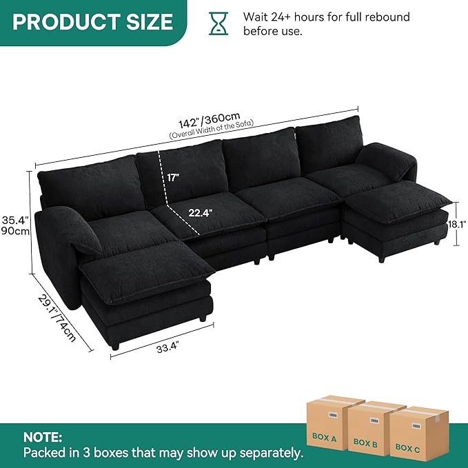 YITAHOME 142 Modular Sectional Sofa with Movable Ottoman Modern U Shaped Couch with Pillow-Armrest Velvet 6 Deep Seat Cloud Couch for Living Room Apartment Office Black